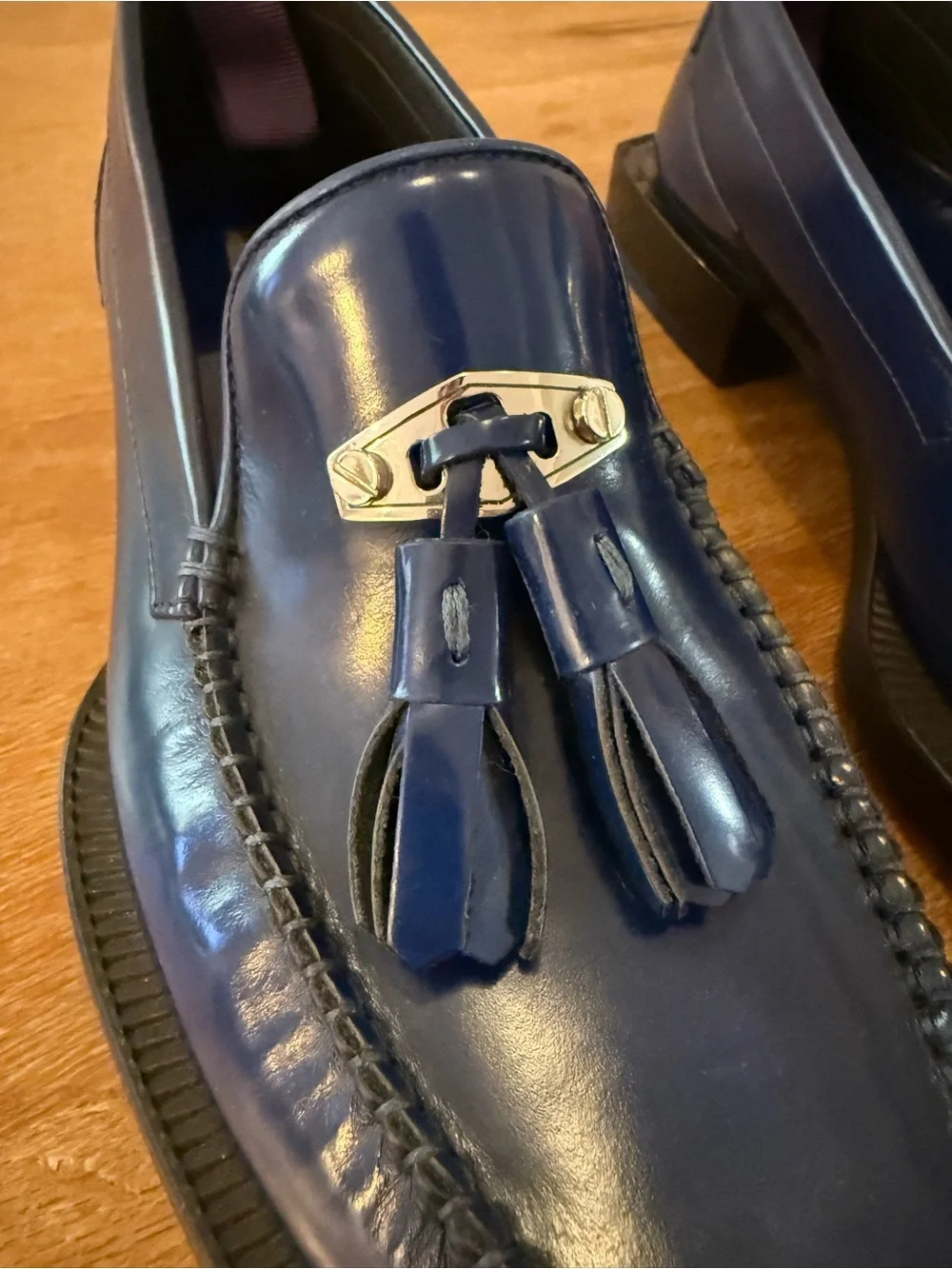 Eytys Navy Blue Tassel Loafers with Metal Accent